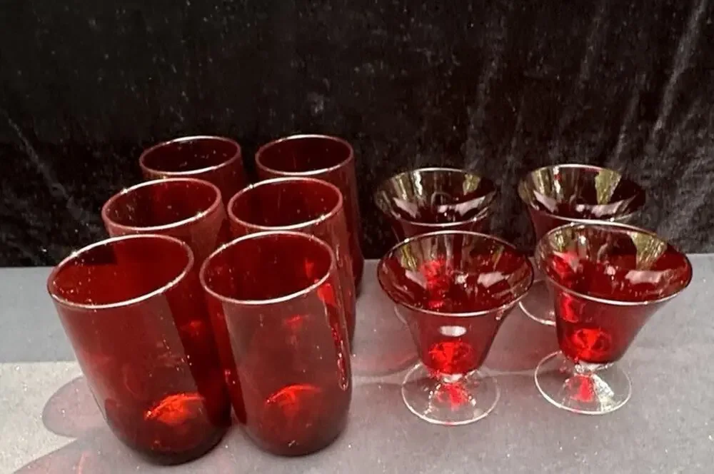 Vintage Anchor Hocking Glass Co. Royal Ruby Glass Tea Cups & Sherbet Cups -8/28